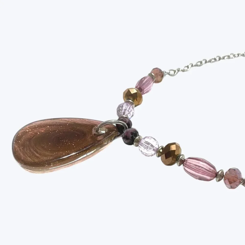 Art Glass Pendant Necklace Copper Aventurine Glitter Teardrop Crystal Beads